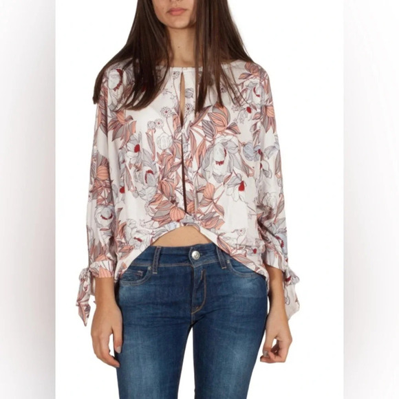 Free People Keepin on printed tee size small floral boho semi open front white - Picture 1 of 9